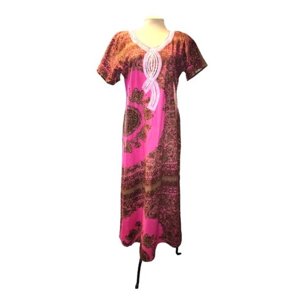 Handcrafted Pink & Brown Embroidered Short Sleeve Maxi Dress Size XL*